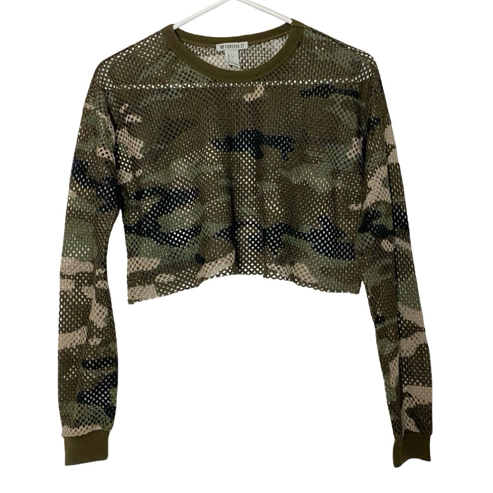 Forever 21 Camo Crop Top Womens Size Small Y2K Sheer Mesh Long Sleeve Camouflage